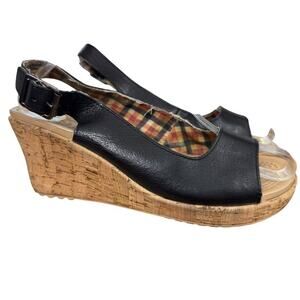Crocs A-Leigh Leather Black Cork Wedge Slingback Open Toe Sandals Shoes sz 7